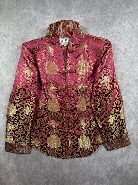 Lian Lin Womens Large Jacket Maroon Gold Brocade Frog Mandarin Collar Chinese